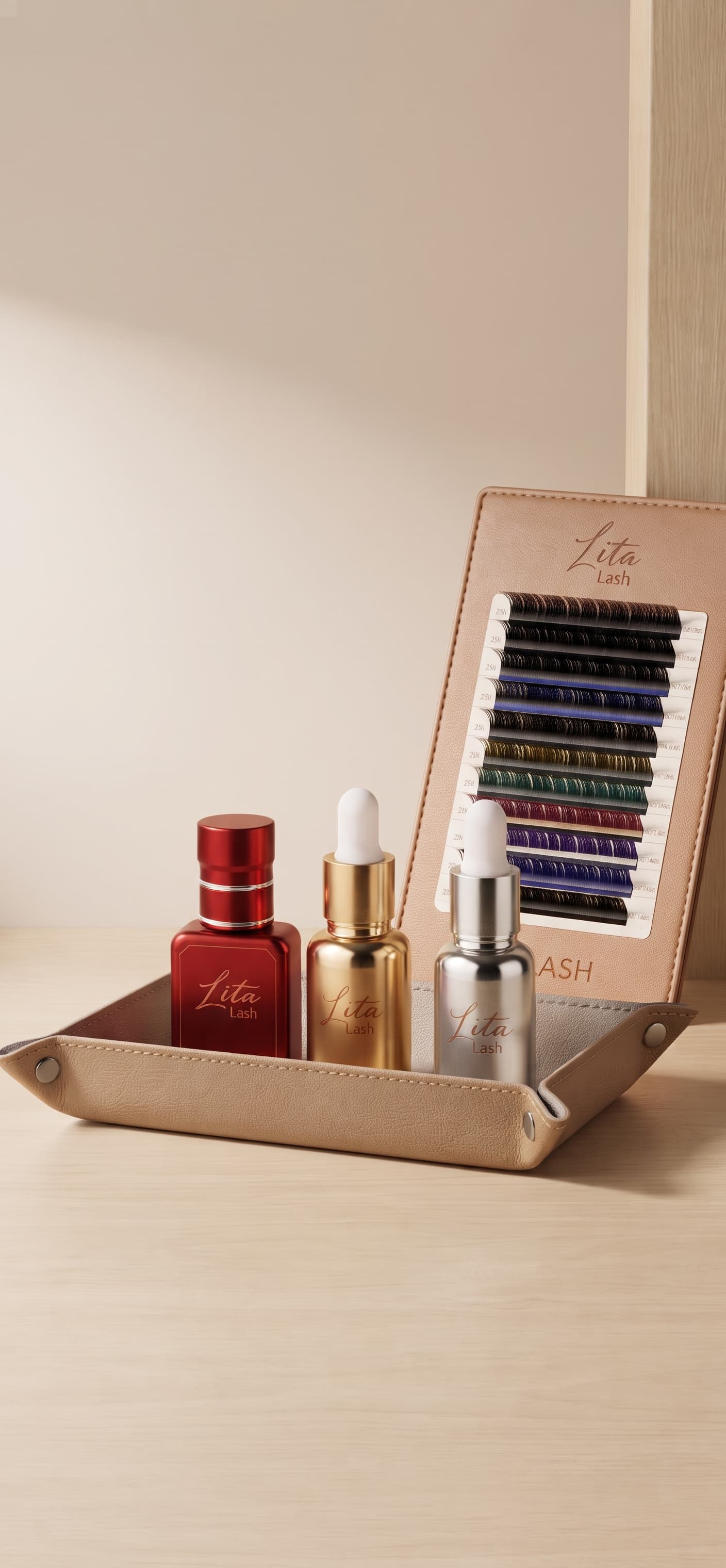 Lita Lash Produkte: Fläschchen und eine Palette mit farbigen Wimpern-Extensions
